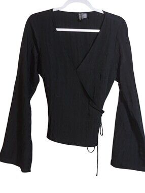 H&M Divided Black Wrap Blouse with Bell Sleeves Crinkle Witchy Size L